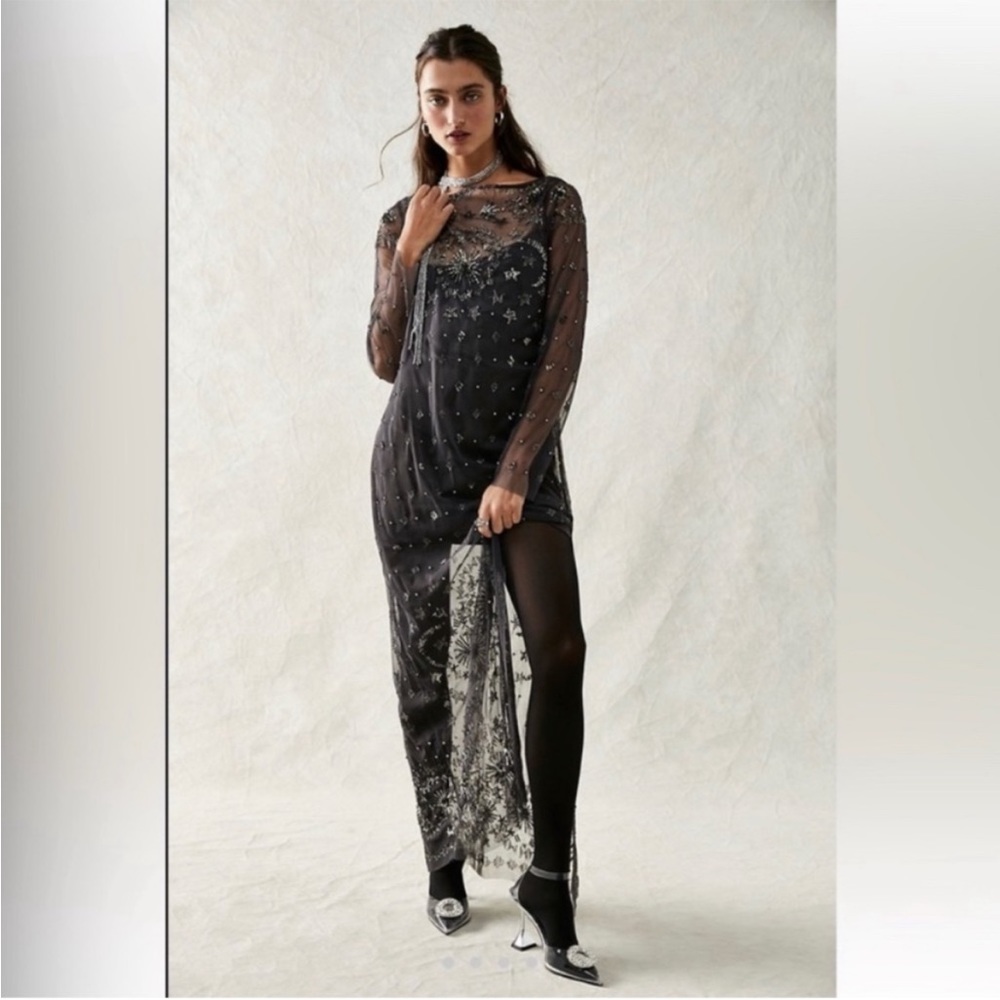 Free People Black Sheer Embellished Midi Dress